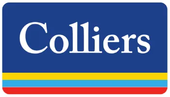 Colliers logo with white text on a blue background featuring yellow, light blue, and red stripes at the bottom.