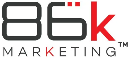 86k Marketing logo with black and red text, featuring a large stylized '86k' above 'MARKETING' in uppercase letters.