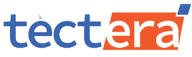 Logo of the word 'tectera' with 'tect' in blue and 'era' in white on an orange background with a small blue square above.
