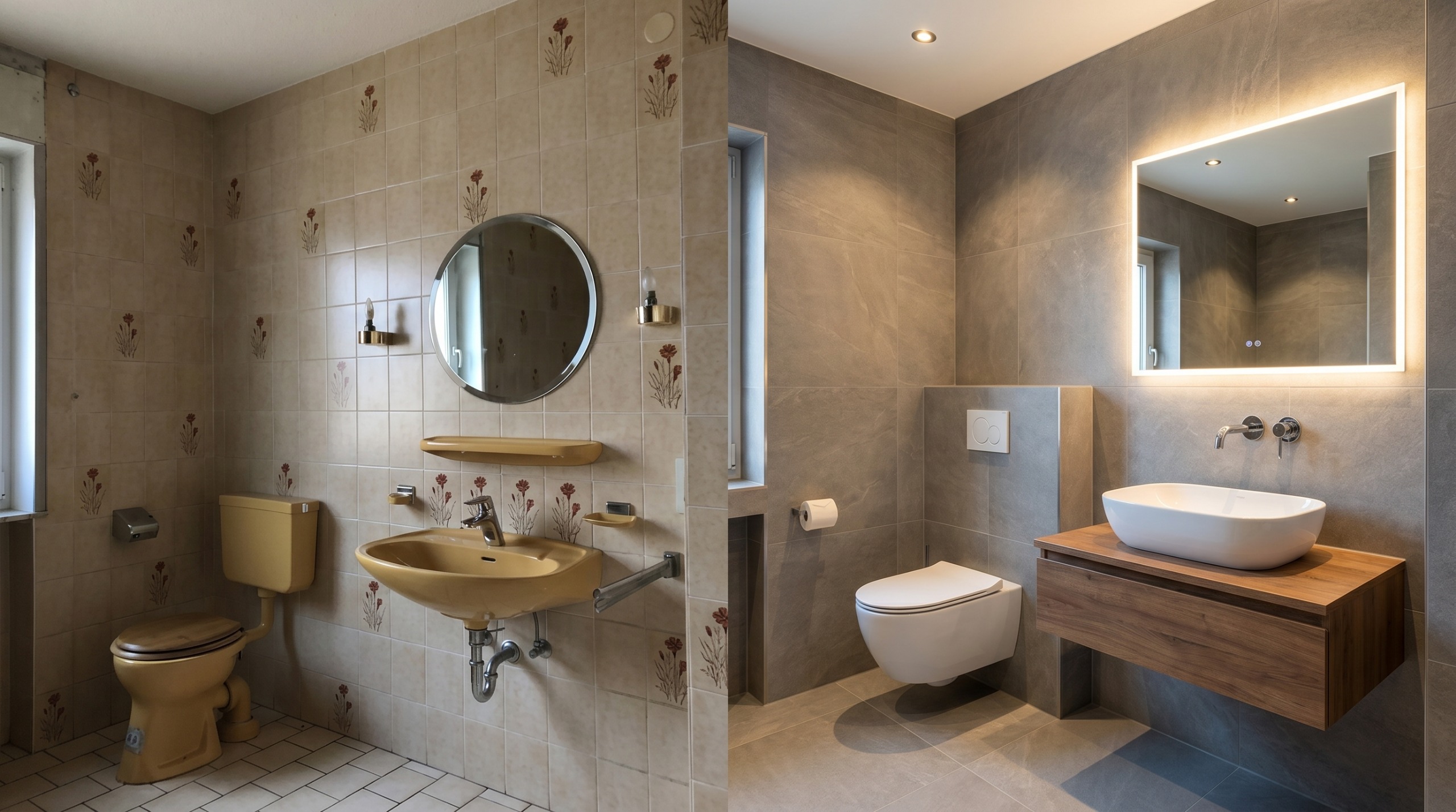 Side-by-side comparison of a dated bathroom and its modern, sleek renovation with gray tiles and wood vanity.