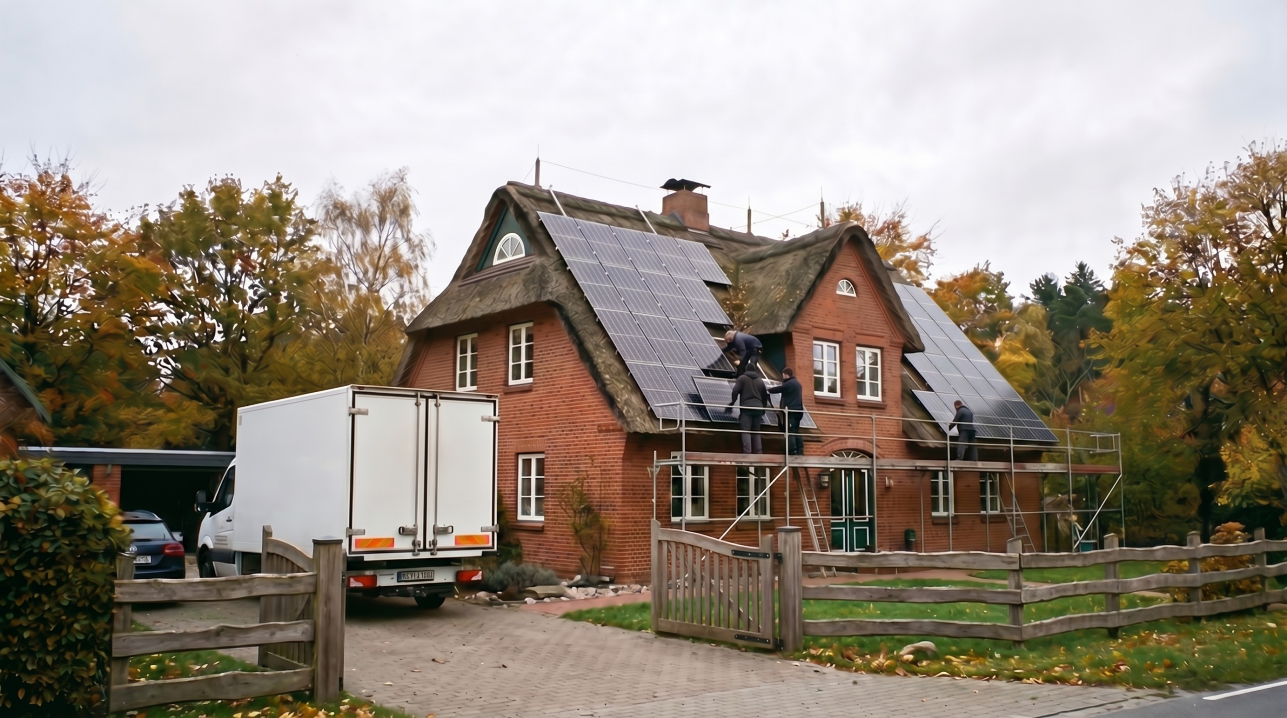 Workers installing solar panels on the roof of a brick house with a thatched roof in autumn.