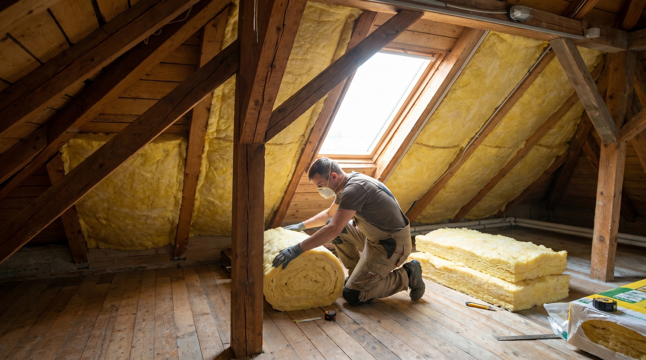 Worker installing yellow insulation in a wooden attic under a skylight, wearing a mask and gloves.