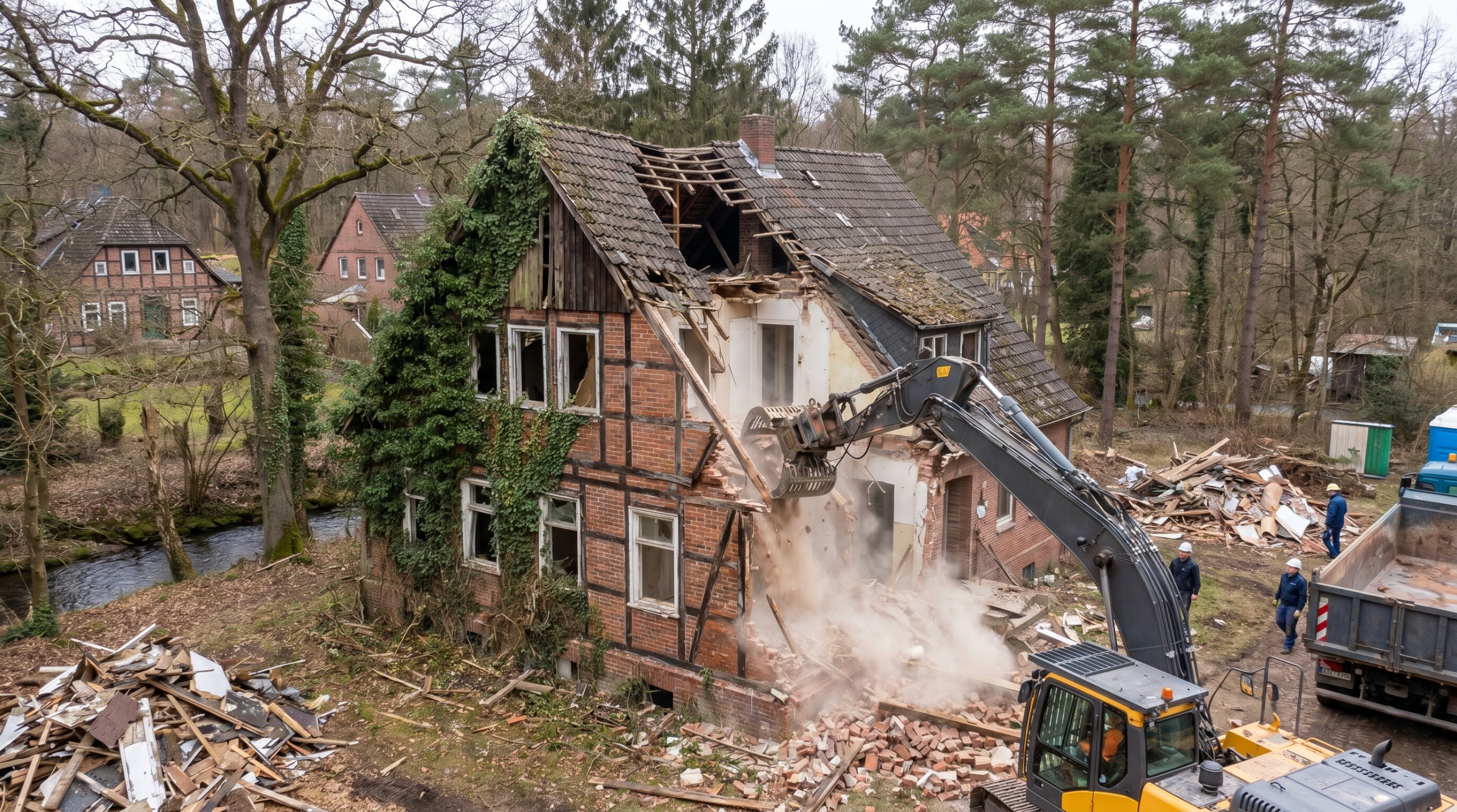 Excavator demolishing an old partially ivy-covered brick house in a wooded area with debris and workers nearby.
