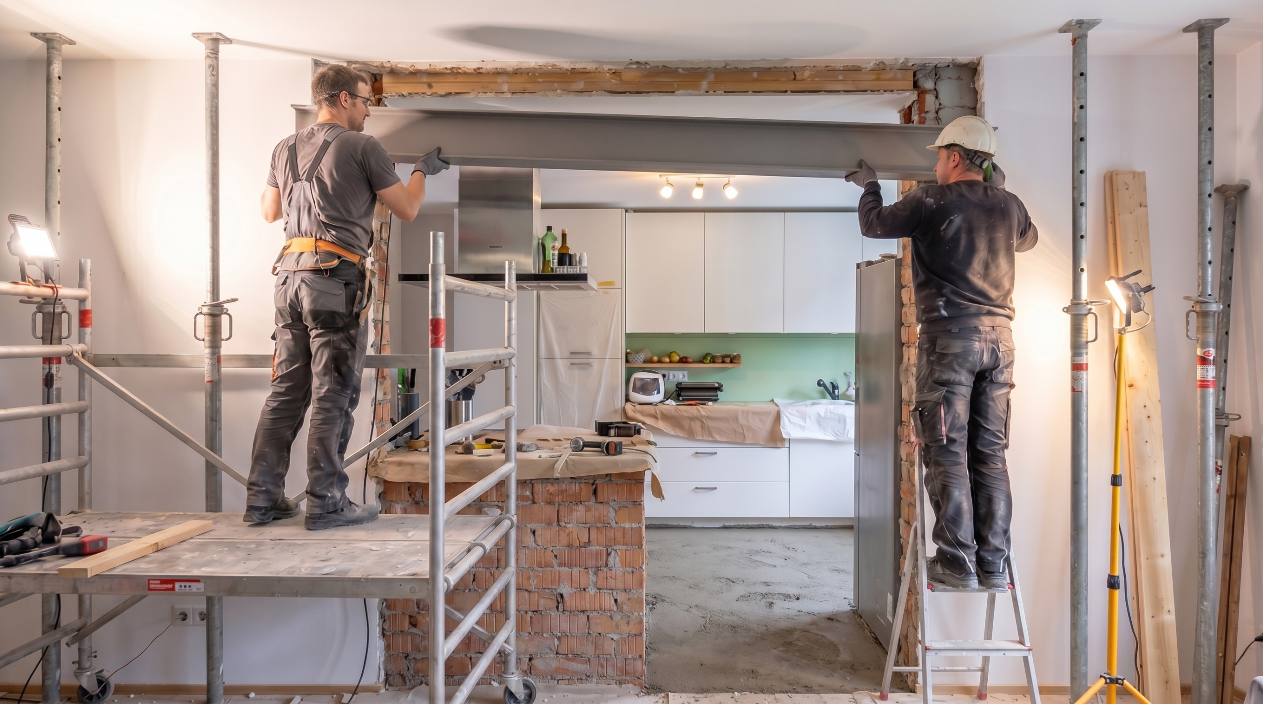 Two construction workers installing a steel beam in a kitchen undergoing renovation.