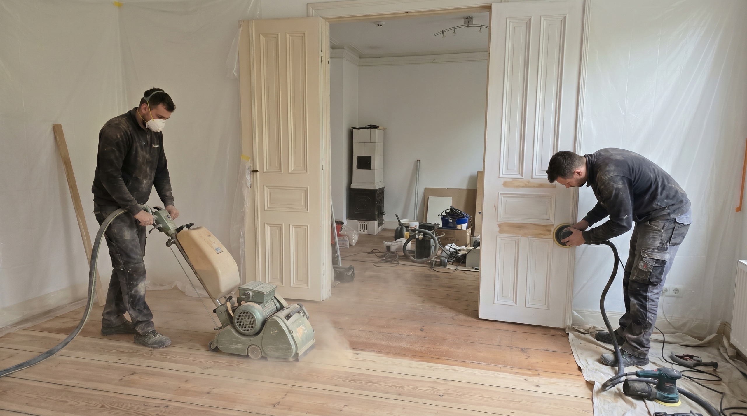 Two men sanding wooden floors and doors during home renovation with power tools and dust masks.