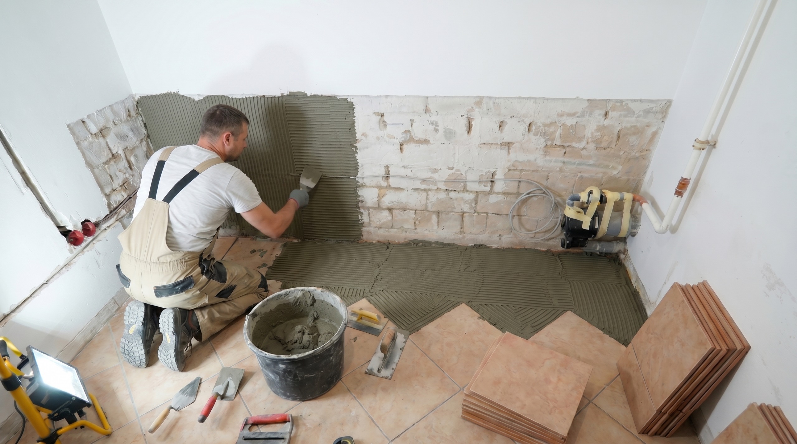 Worker kneeling and applying adhesive to a wall while preparing to lay floor tiles.