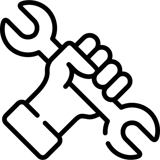 Black wrench icon with open jaws angled to the right on white background.