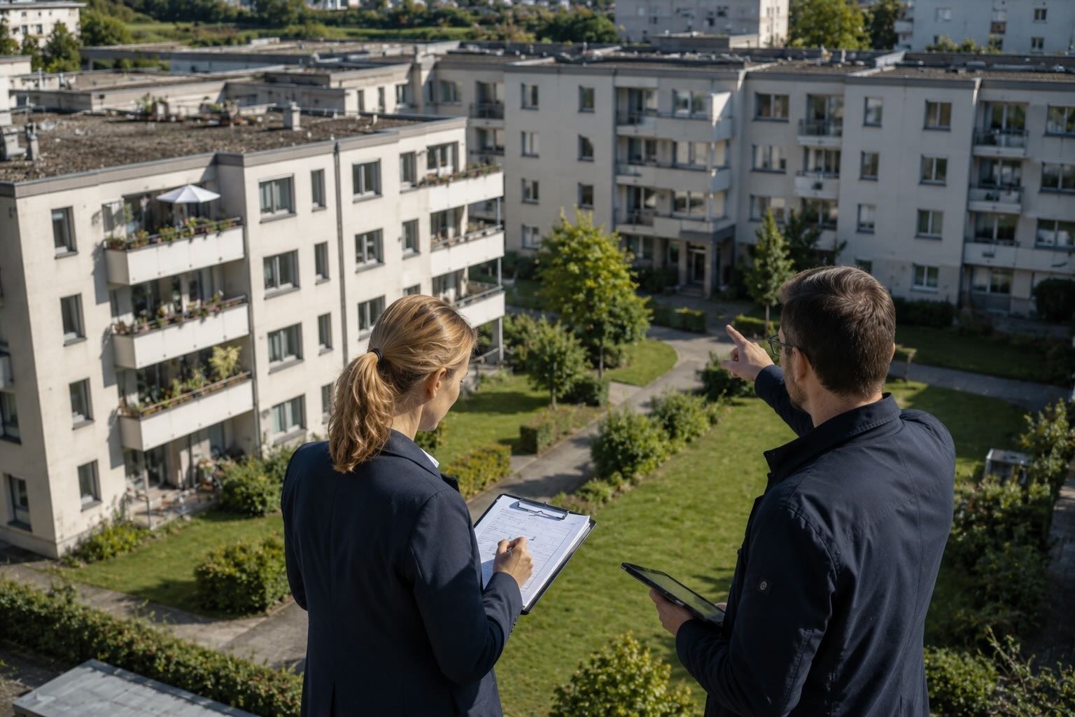 Two property managers inspect apartment buildings outdoors, one pointing and one taking notes on a clipboard.