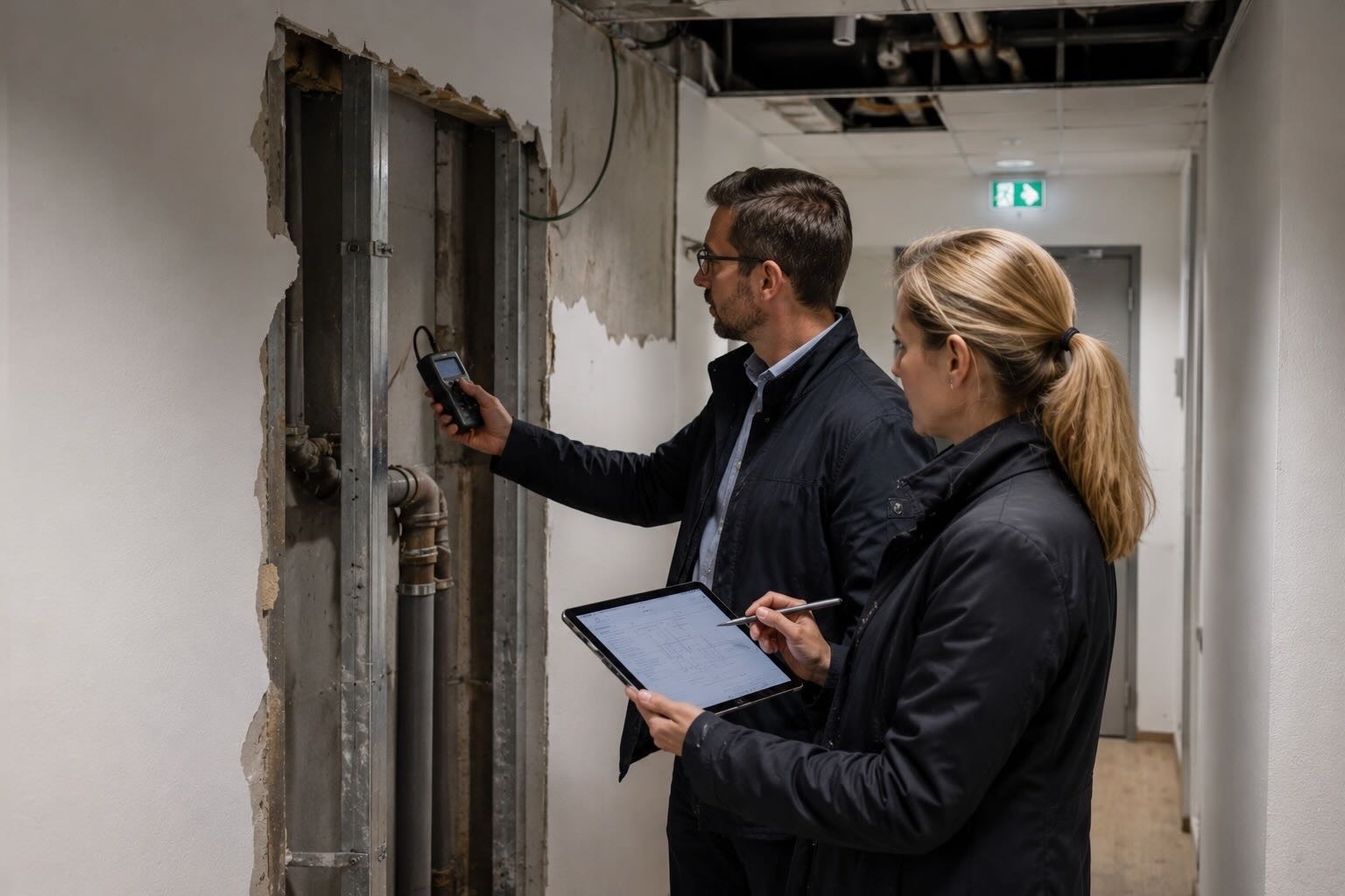 Man with device and woman with tablet inspect exposed pipes inside a wall in a hallway.