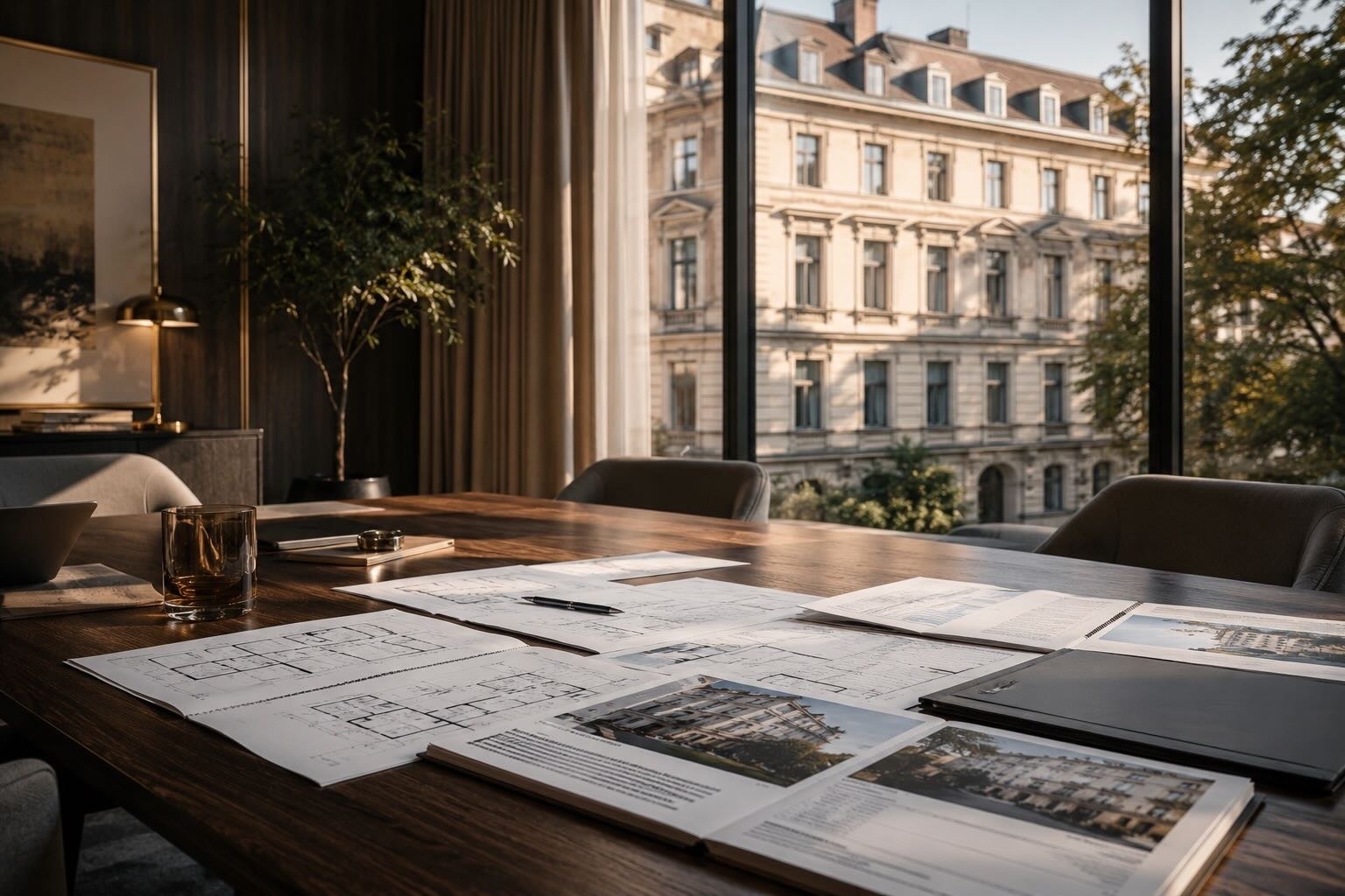 Architectural blueprints and books spread on a wooden table in a sunlit modern office with large windows.