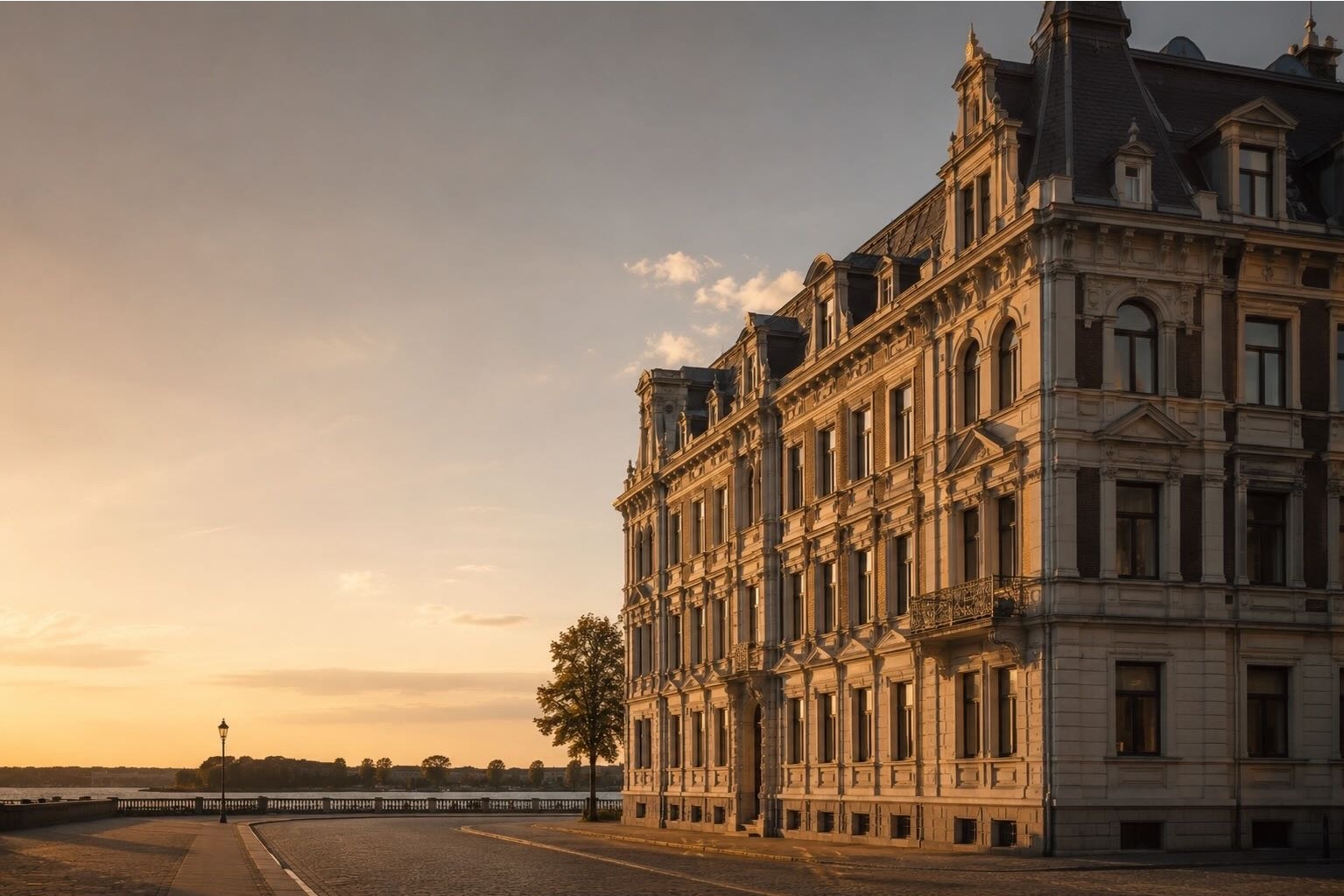 Historic four-story stone building lit by golden sunset near tree and waterfront promenade.