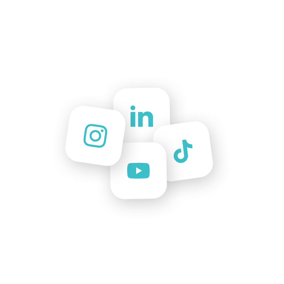 Four rounded square icons displaying Instagram, LinkedIn, YouTube, and TikTok logos in turquoise on a white gear-shaped background.