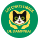 Logo featuring a stylized black and white cat face with green eyes inside a yellow circle, with the text 'Les Chats Libres de Dampniat' around it.