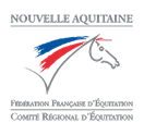 Logo of Nouvelle-Aquitaine with a stylized horse head in gray, a blue and red swoosh representing the region's colors, and text below mentioning the Regional Department of Cultural Affairs and State Services.