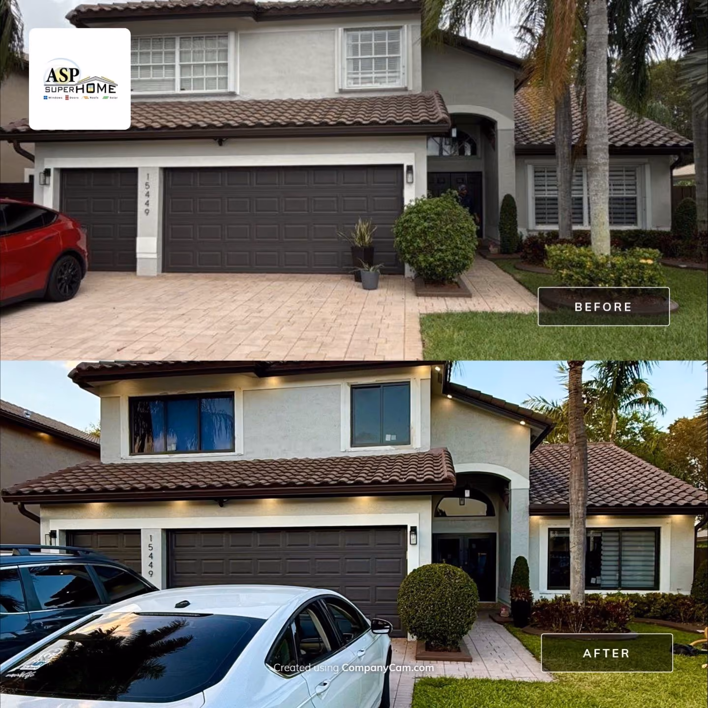 Before and after photos of a two-story house exterior showing new residential impact windows replacing old white-framed windows, with cars parked in front.