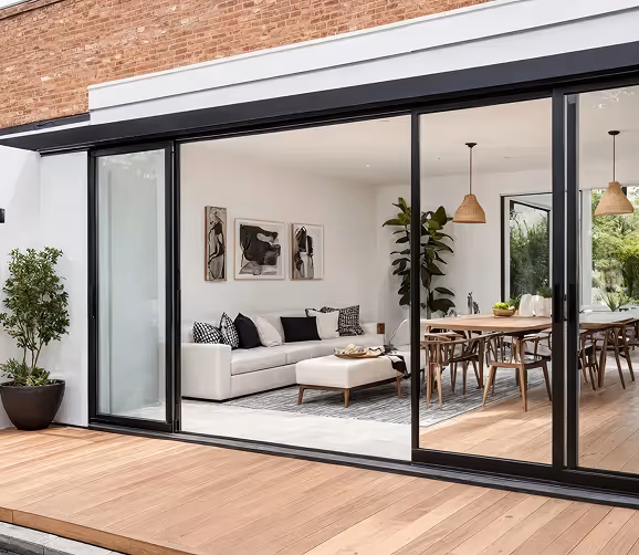 Modern living room and dining area with large glass sliding doors, featuring a white sofa, wooden dining table, pendant lights, and indoor plants.