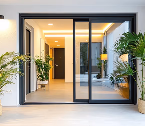 Modern interior hallway with large commercial doors, potted plants, and warm recessed lighting.