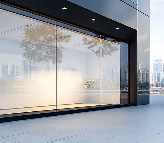 Empty modern glass storefront reflecting nearby trees and city skyline.