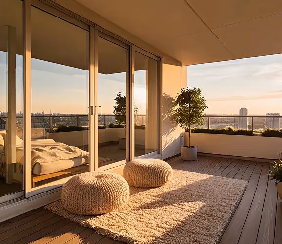 Modern balcony with wooden floor, two knit poufs on a rug, potted plant, and sliding glass doors reflecting a sunset city view.