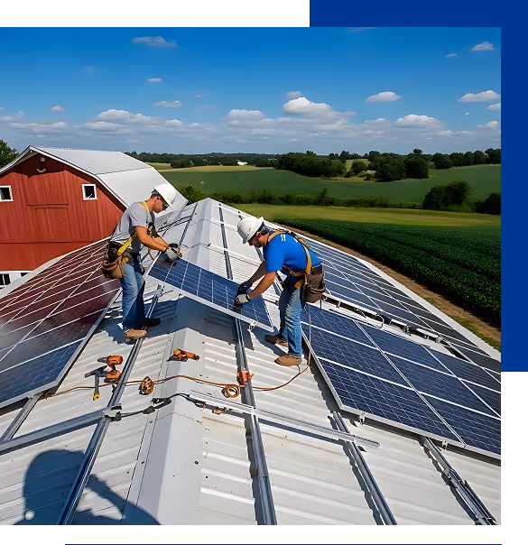 Two workers wearing safety harnesses and helmets installing solar panels on a metal rooftop with a red barn and green fields in the background.