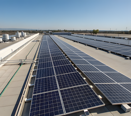 Rows of solar panels installed on a flat industrial rooftop under a clear blue sky.