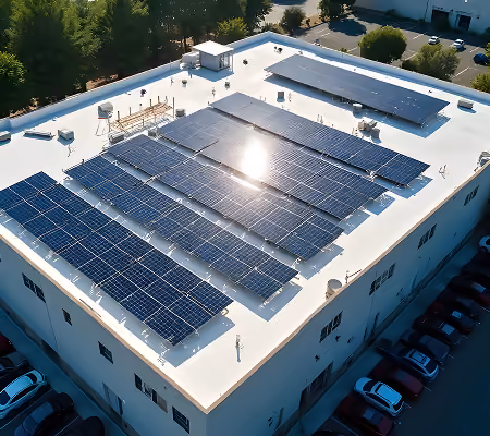 Rooftop solar panels installed on a flat commercial building with parked cars around.