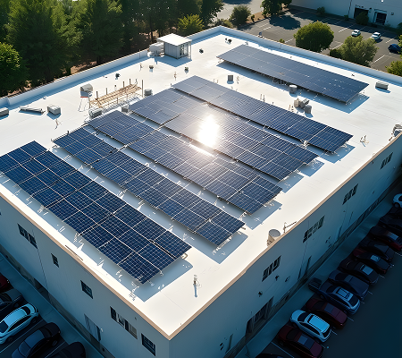Rooftop solar panels installed on a flat commercial building with parked cars around.