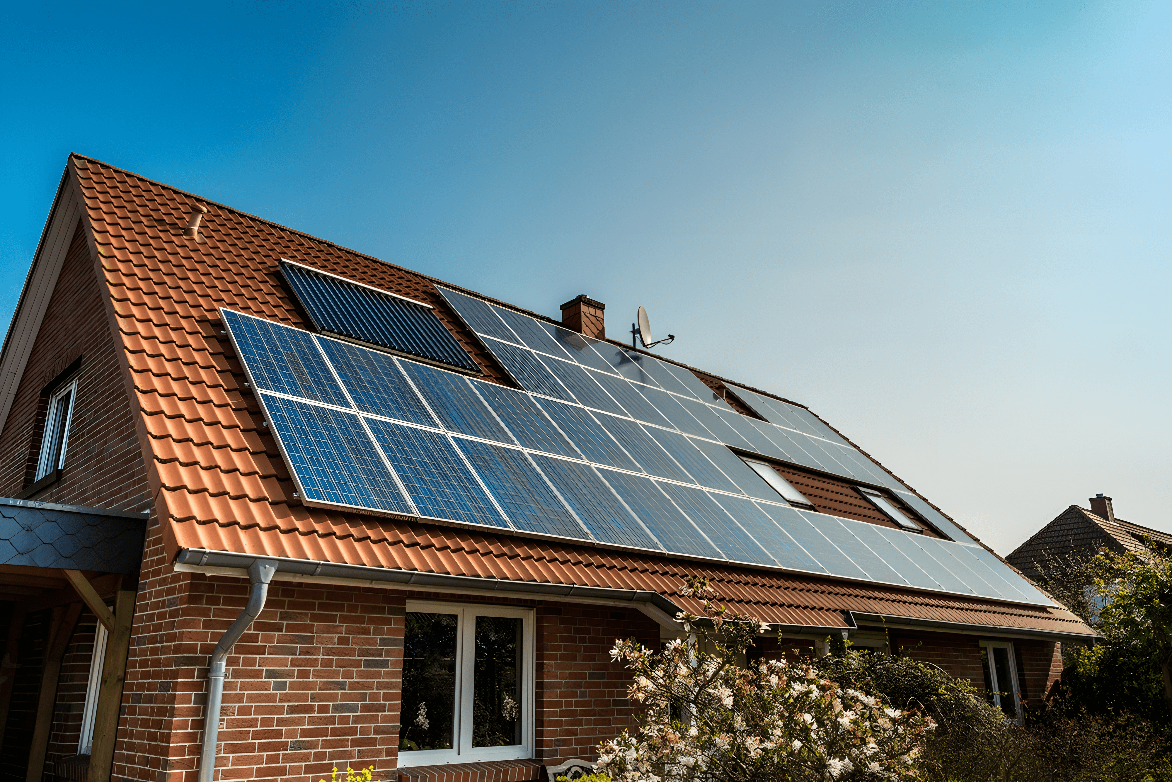 House with a red tiled roof equipped with multiple solar panels under a clear blue sky.