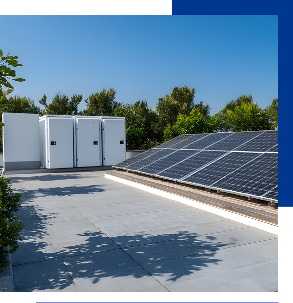 Solar panels installed on a flat rooftop next to white electrical cabinets with green trees in the background under a clear blue sky.