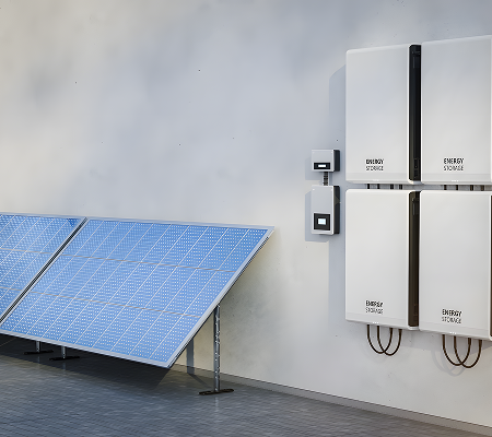 Solar panels angled on ground next to wall-mounted energy storage units in a clean, modern setting.