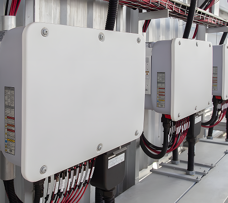 Close-up of white electrical inverter boxes with multiple connected cables mounted on a metal wall.
