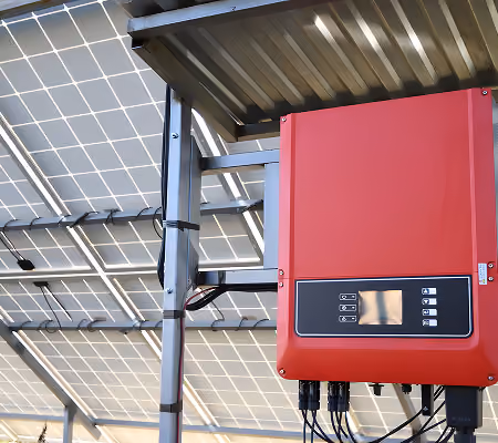 Red solar power inverter mounted on metal frame under solar panels with visible wiring.