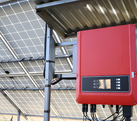 Red solar power inverter mounted on metal frame under solar panels with visible wiring.