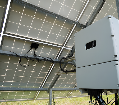 Close-up of solar panels mounted on a metal frame with an attached electrical inverter box and cables underneath.