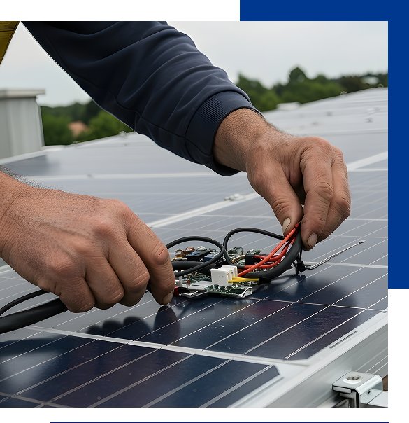 Close-up of a person connecting wires to a circuit board on a solar panel.