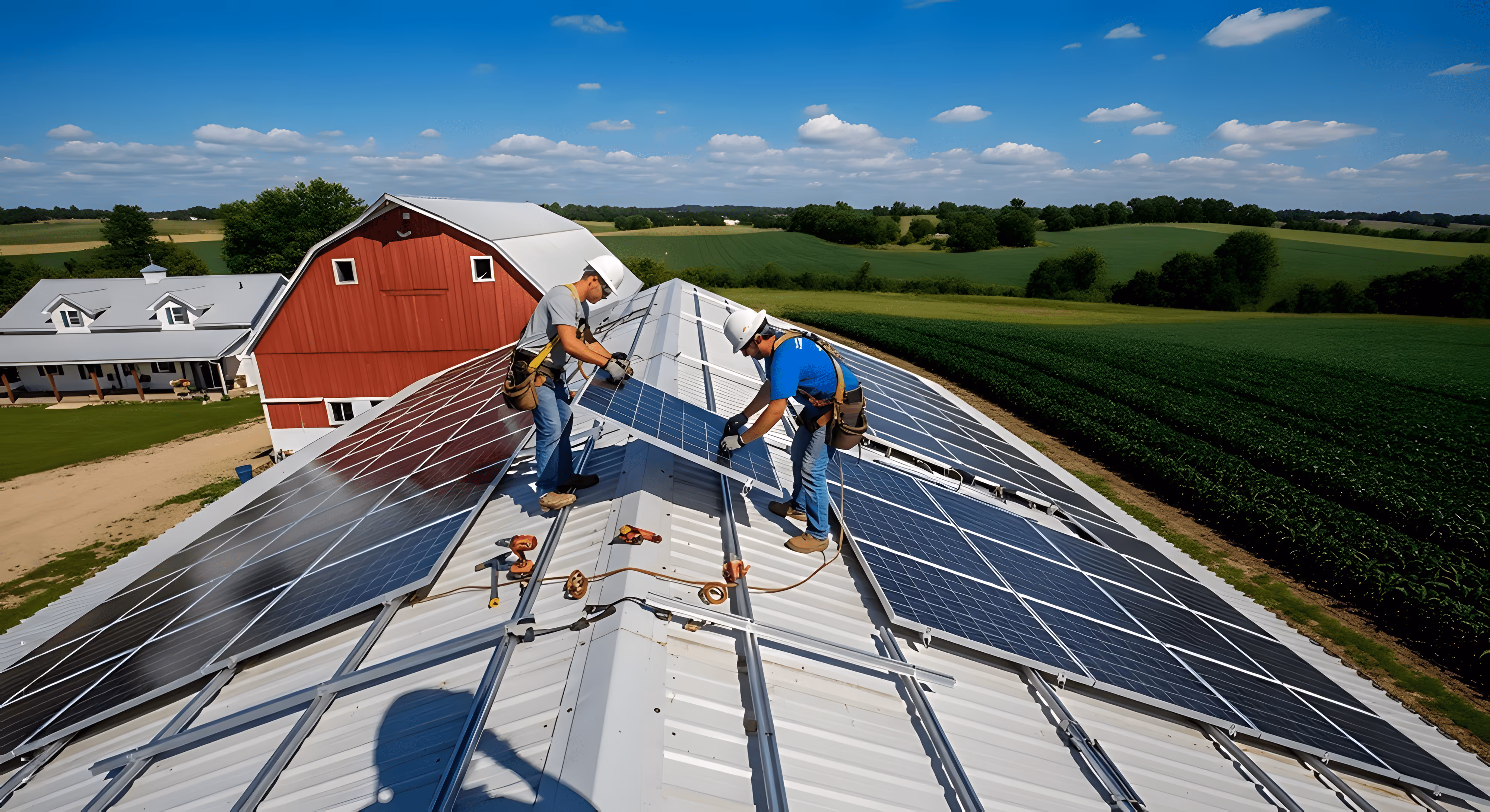 Two workers wearing safety harnesses installing solar panels on a metal rooftop of a barn with green fields and a red barn in the background.