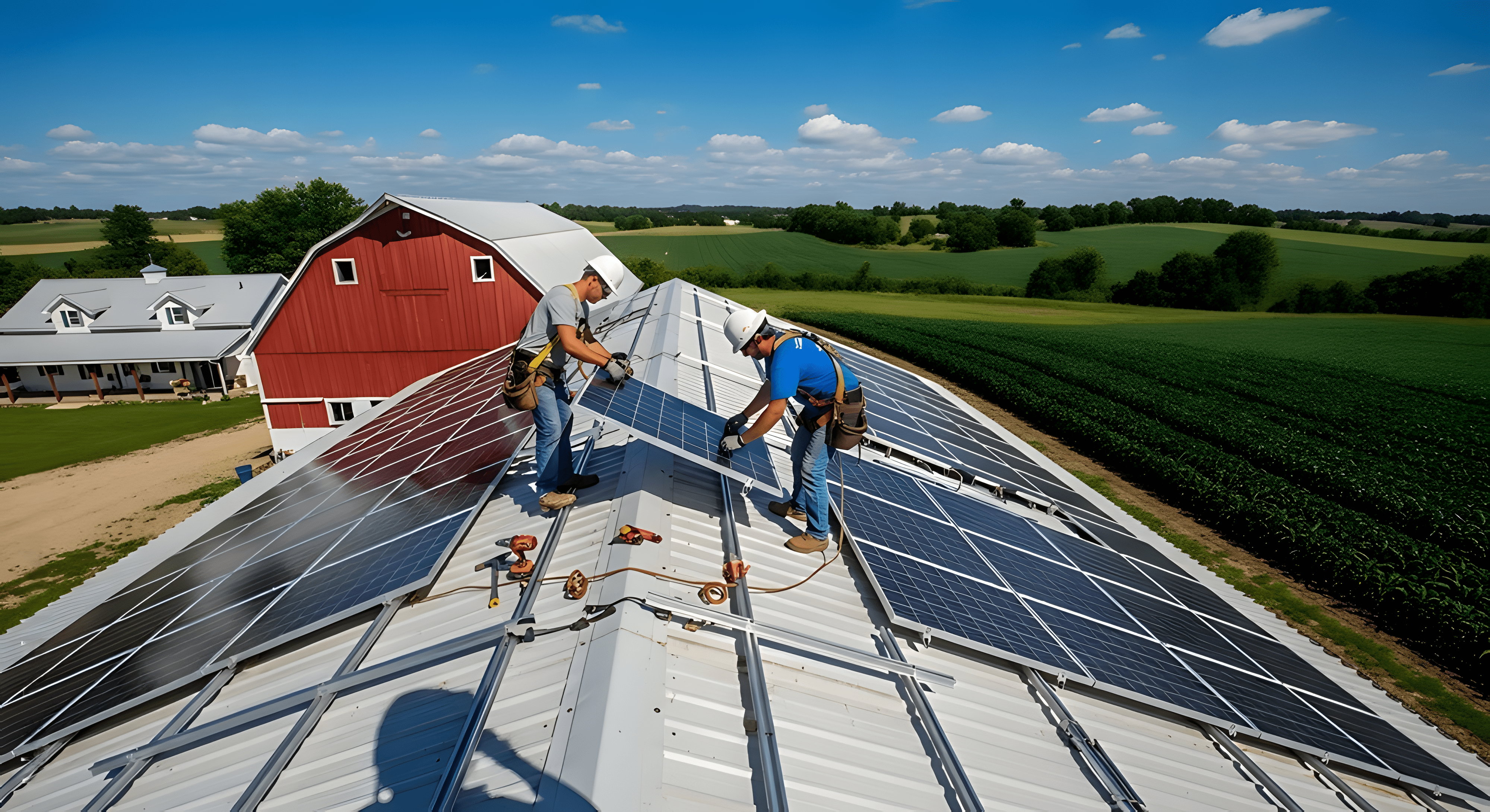 Two workers wearing safety harnesses installing solar panels on a metal rooftop of a barn with green fields and a red barn in the background.