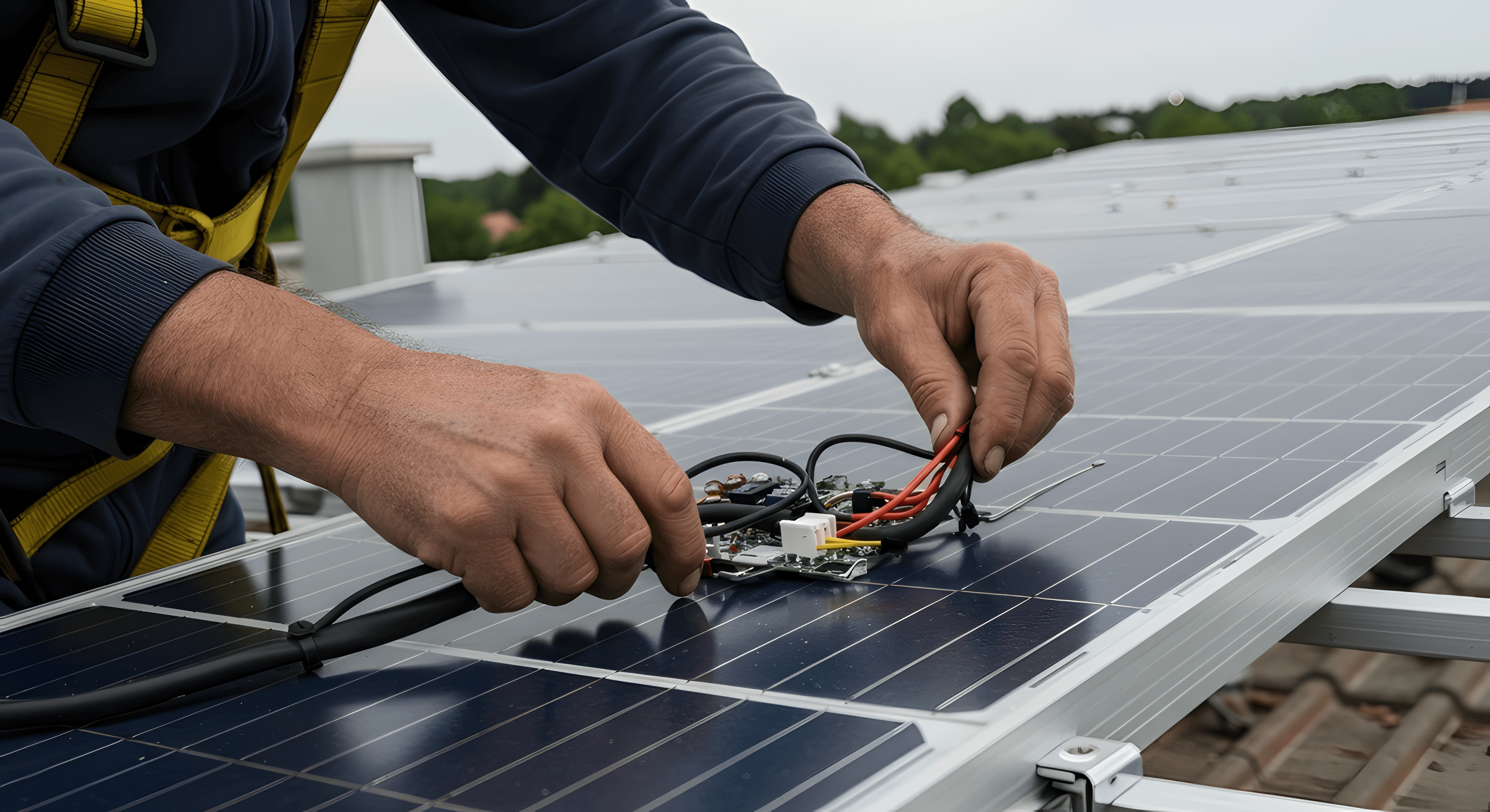 Technician's hands connecting wires to a circuit board on a solar panel installation on a rooftop.