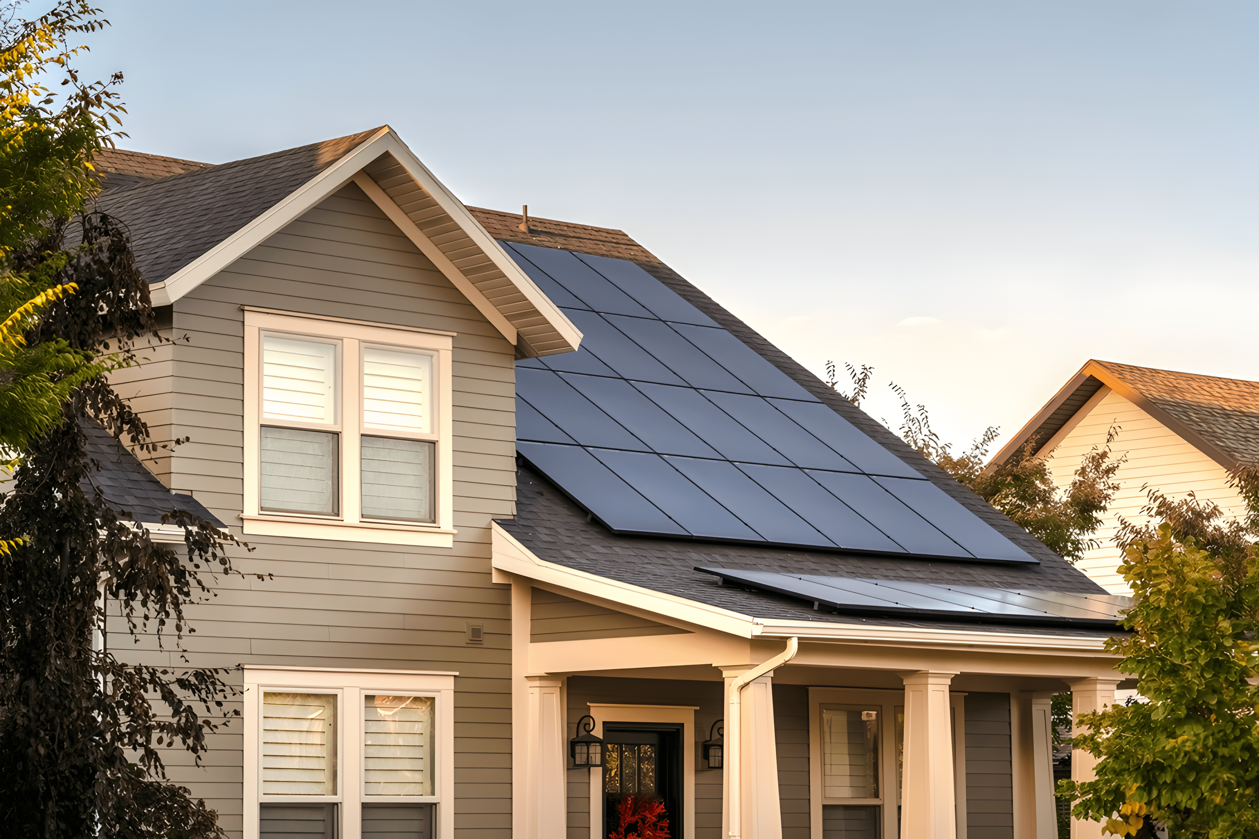 Gray two-story house with solar panels installed on the roof during a clear day.