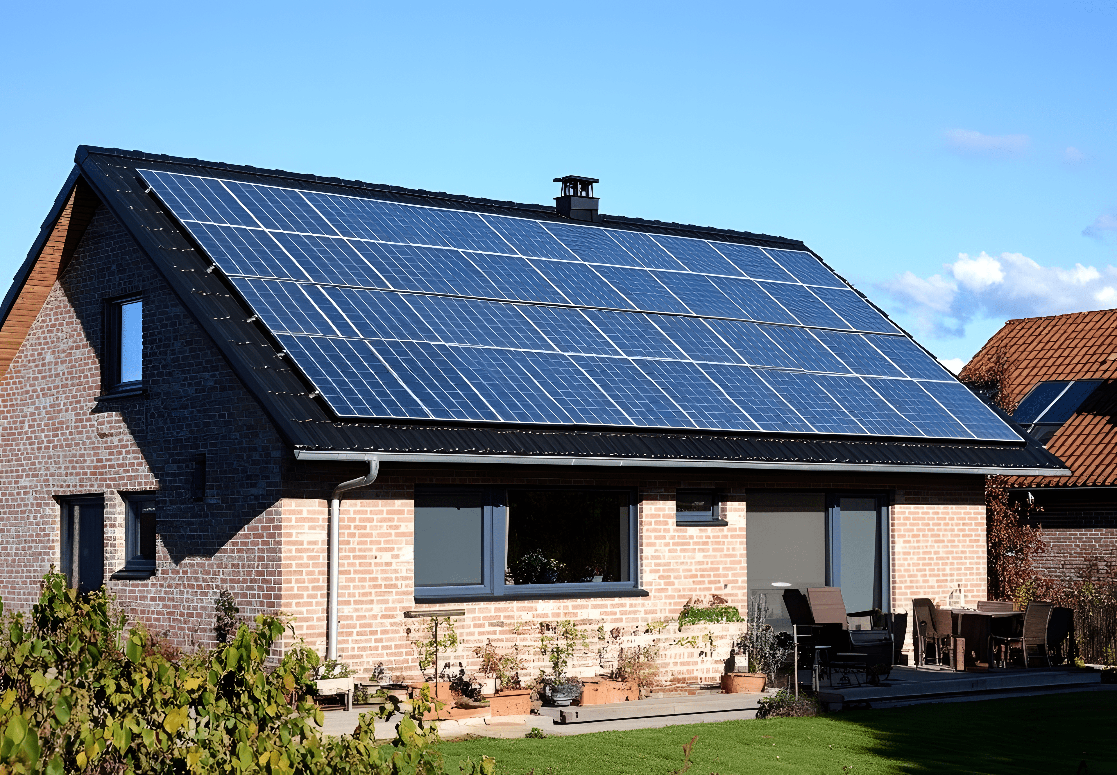 Brick house with large solar panels installed on the roof under a clear blue sky.