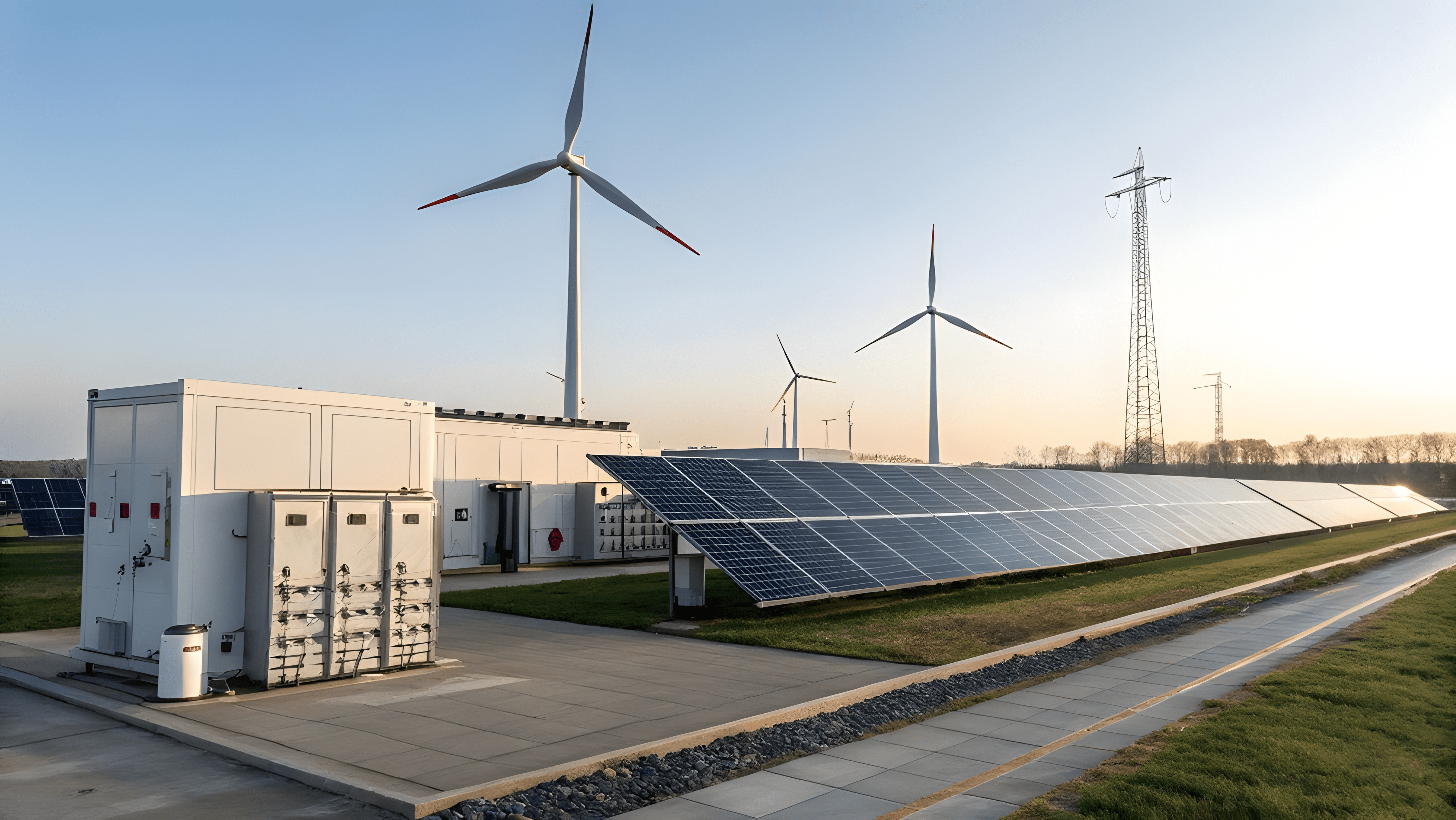 Solar panels and wind turbines at a renewable energy farm during sunset.