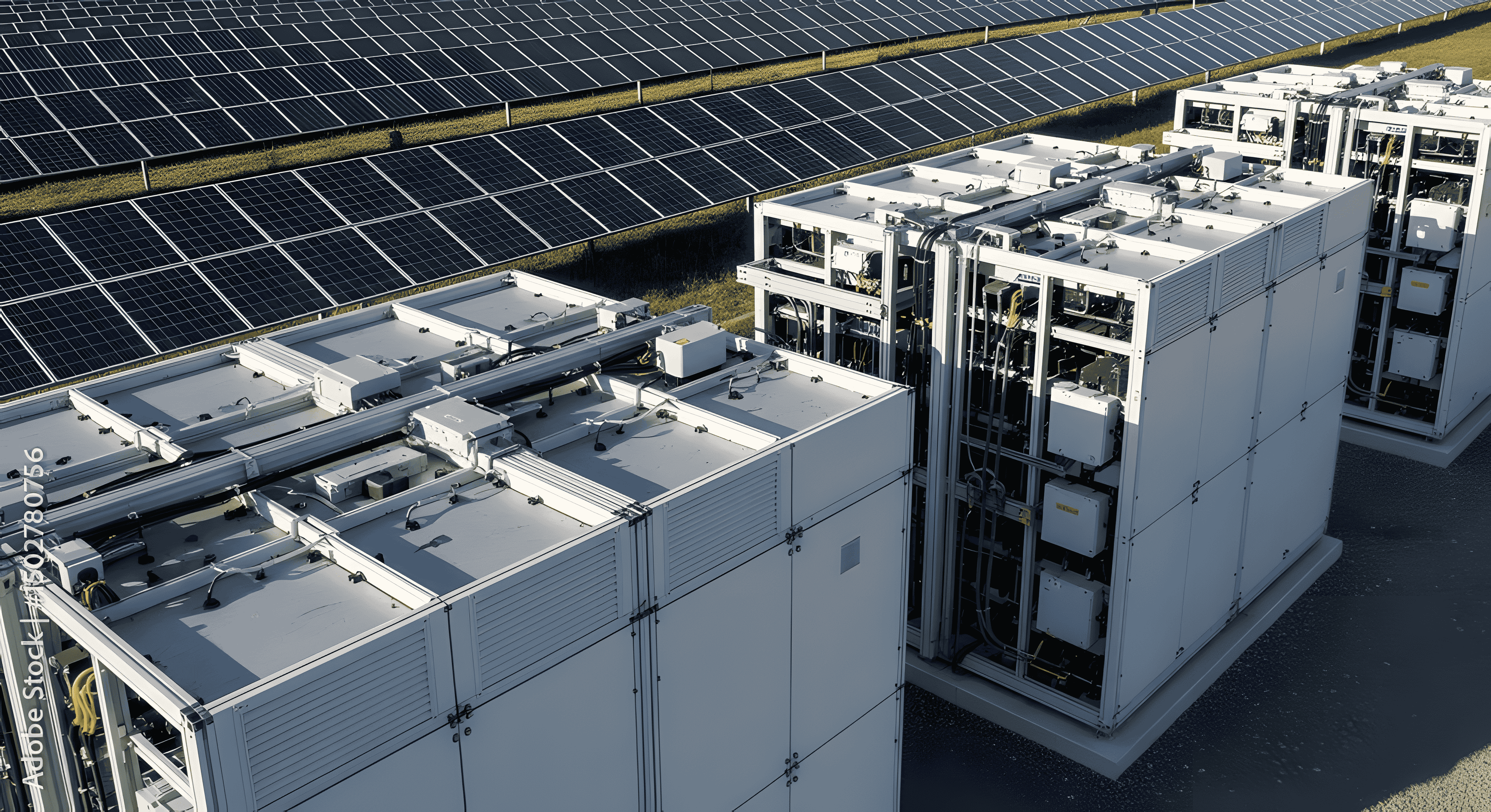 Large battery storage units installed near rows of solar panels in a solar power farm.