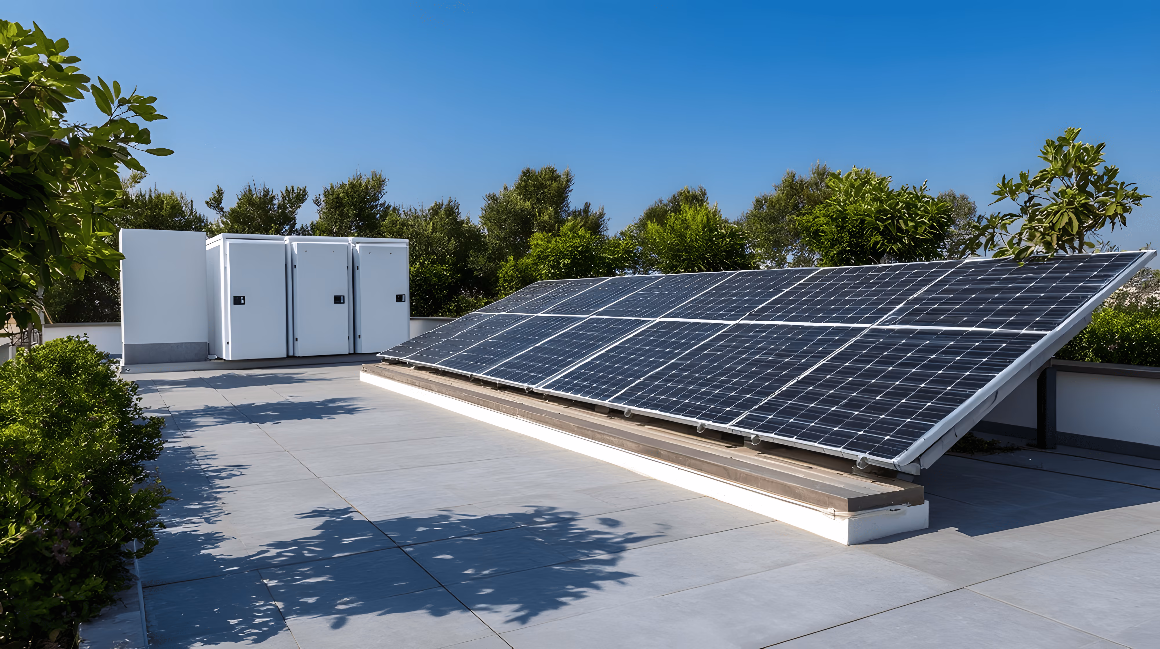 Solar panels installed on a flat rooftop with white electrical boxes and green trees in the background under a clear blue sky.