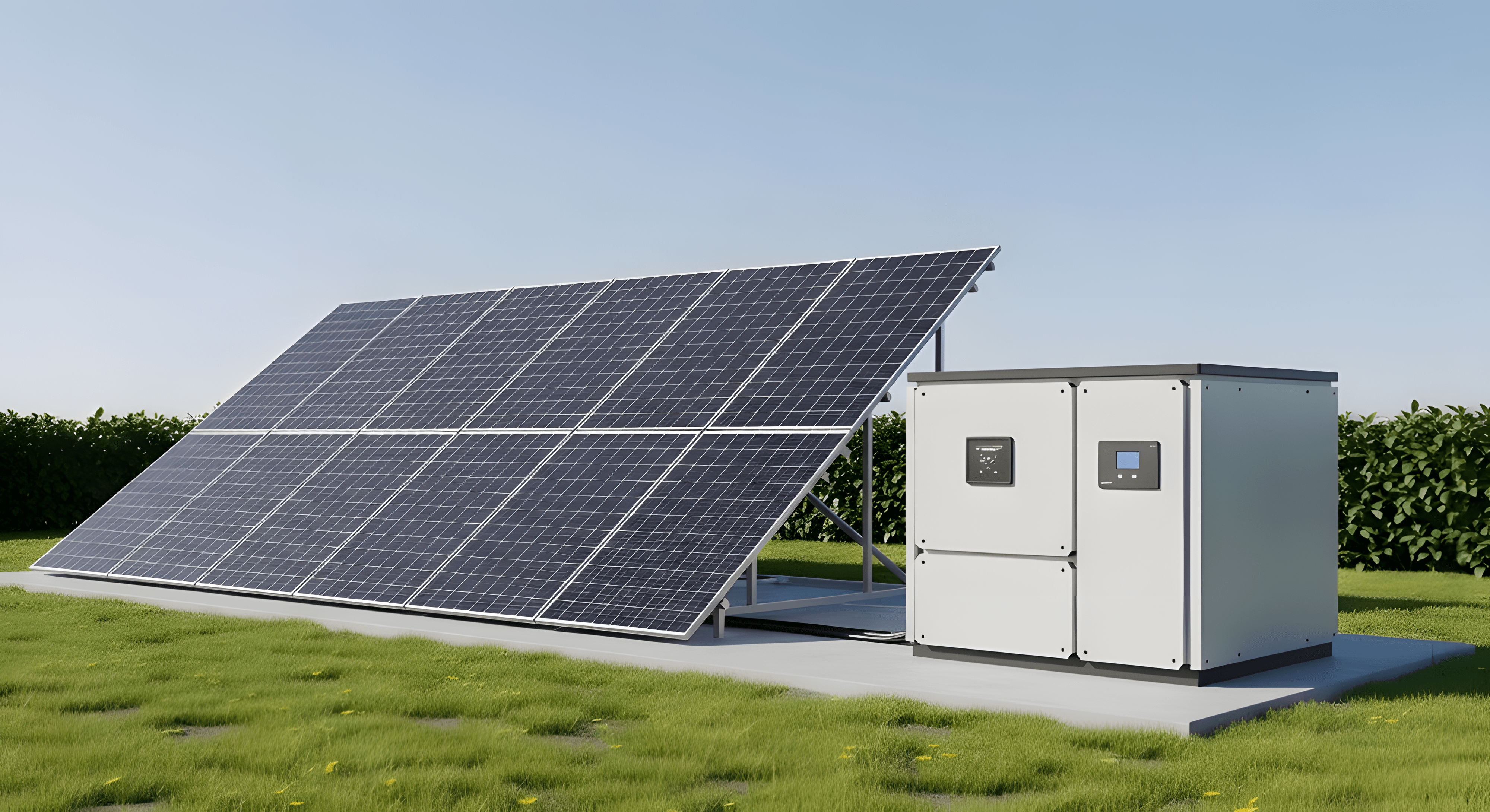 Outdoor solar panel array connected to a white electrical unit on a concrete base surrounded by grass and hedges.