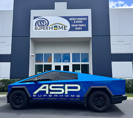 Blue Tesla Cybertruck with ASP SuperHome 