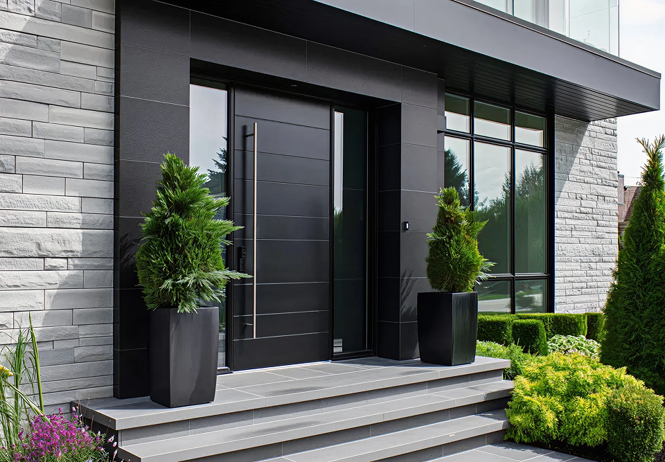 Modern black front entry door with tall metal handle