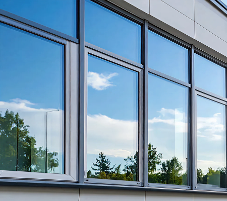 Reflection of trees and blue sky with clouds on large glass windows of a modern building.