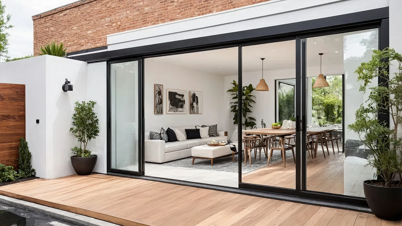 Modern living room and dining area with large sliding glass doors 