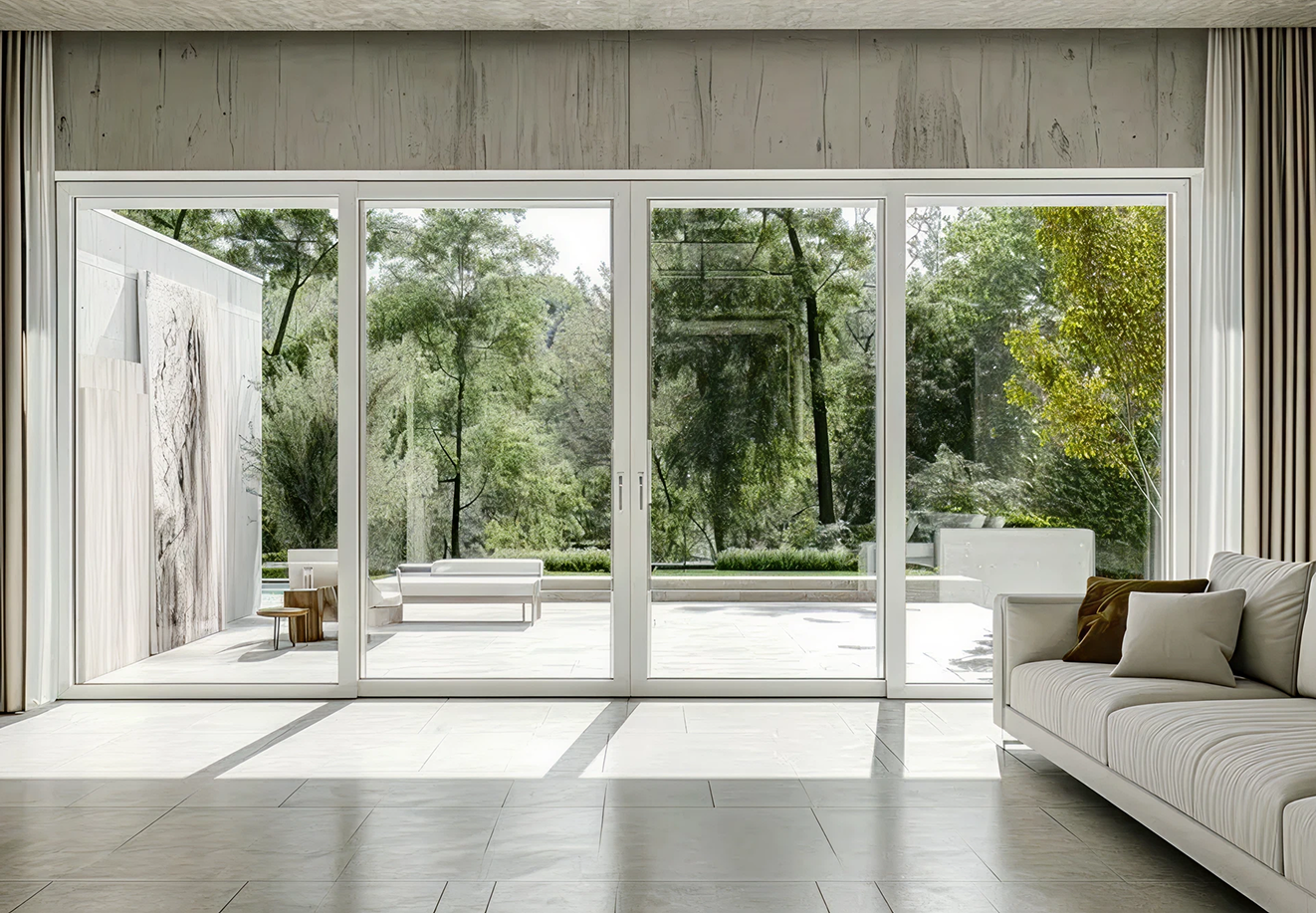 Modern living room with large sliding glass doors opening to a patio with white outdoor furniture and lush green trees beyond.