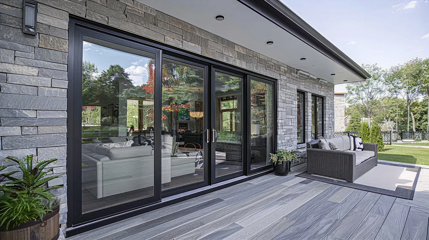 Modern stone house exterior with large sliding glass doors opening to a wooden deck with outdoor sofa and plants.